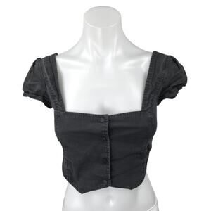 I.AM.GIA Black Short Sleeve Button Down Smocked Denim Jean Crop Top Size S